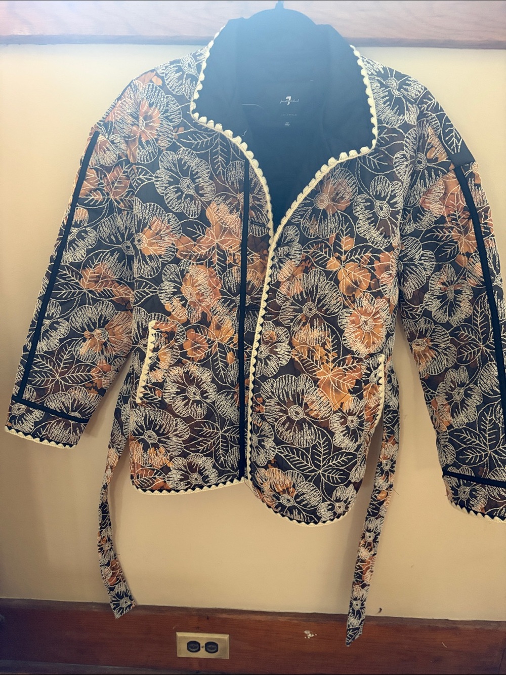 7 For All Mankind Grey Quilted Blazer with Brown, Orange & White Floral